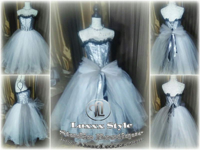 Burlesque Wedding Prom Party Dress Quinceanera Cosplay EDC RAVE Festival Silver White TuTu Tulle Corset Skirt Sweet16 Bridesmaid Homecoming