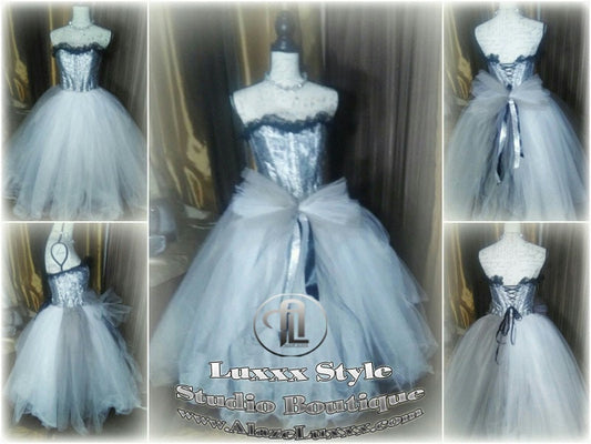 Burlesque Wedding Prom Party Dress Quinceanera Cosplay EDC RAVE Festival Silver White TuTu Tulle Corset Skirt Sweet16 Bridesmaid Homecoming