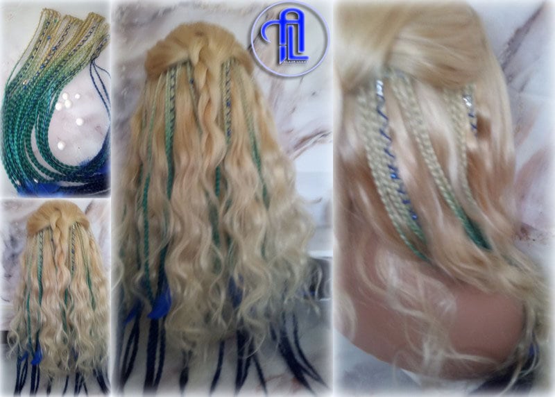 Blonde Teal Green Blue Ombre Clip in Braid Long 24 in Boho Extensions Box braiding hair Rave Festival Elements Feathers