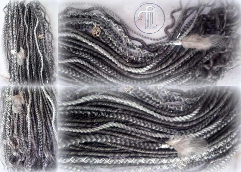 Viking Hair Silver Black Grey Single Ended SE 75 Piece Set Kit Mixed Soft Crochet Boho Dread Braid Hair Wraps Extensions Textured Natural