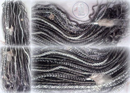 Viking Hair Silver Black Grey Single Ended SE 75 Piece Set Kit Mixed Soft Crochet Boho Dread Braid Hair Wraps Extensions Textured Natural
