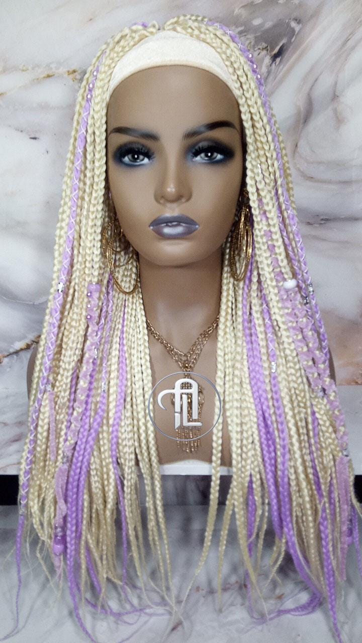 Headband Wig Blonde 613 Platinum Purple Lavendar Box Braids Gypsy Bohemian Boho Box Braids Long Straight Plaits Braided Wig Viking