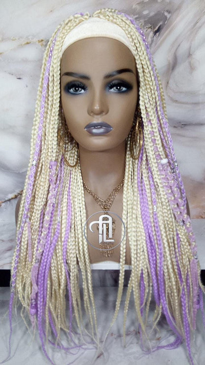 Headband Wig Blonde 613 Platinum Purple Lavendar Box Braids Gypsy Bohemian Boho Box Braids Long Straight Plaits Braided Wig Viking