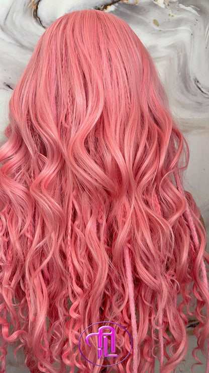 Pink Dread Braid Wig With Bangs – Long Synthetic Boho Glam Wig Chain Snake Goddess Loc Braid Wavy Curly