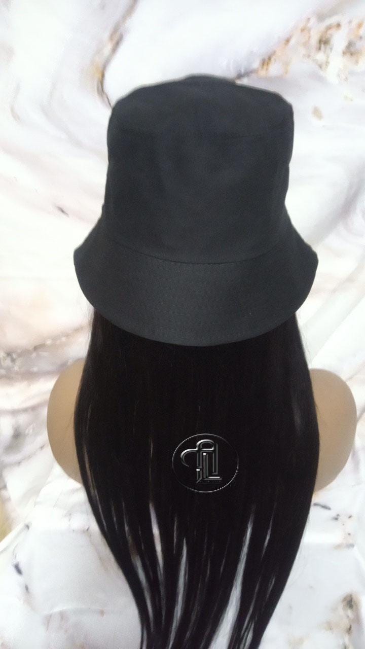 Bucket Hat Human Hair Black Straight Hair Alopecia Chemo Hair Thinning Fisherman Hat Long Human Hair protective style Easy to wear