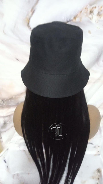 Bucket Hat Human Hair Black Straight Hair Alopecia Chemo Hair Thinning Fisherman Hat Long Human Hair protective style Easy to wear