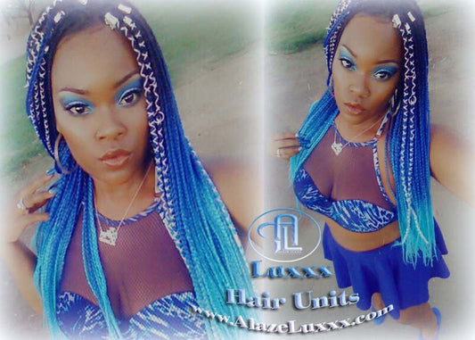 Ombre Blue Mermaid Hair Box Braids Wig Multi Color  Blue  Ombre Box braids wigs 3 tones box braids wig, wig, long length wigs, Braided wigs