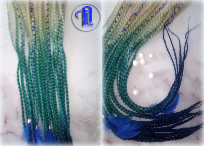 Blonde Teal Green Blue Ombre Clip in Braid Long 24 in Boho Extensions Box braiding hair Rave Festival Elements Feathers