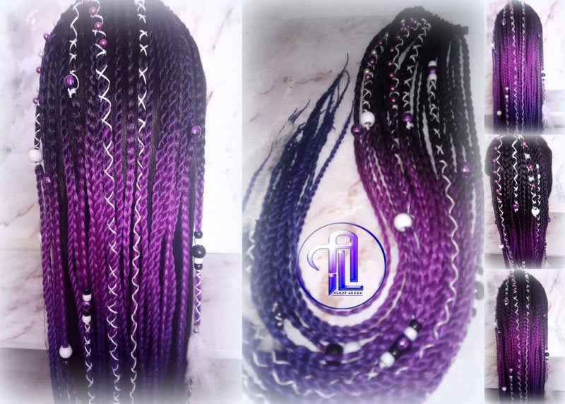 Black Purple Blue Ombre Braids Extension on Hairband Hair Tie Rave Dread Ponytail Boho Hair Falls RenaissanceAccents Feathers synthetic