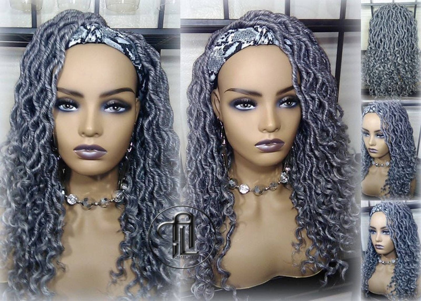 Headband Wig Short 14in Goddess Faux Dread Locs Salt N Pepper 44 51 Gypsy Boho Silver Grey Gray Platinum Storm Wig Unit Wavy READY TO SHIP