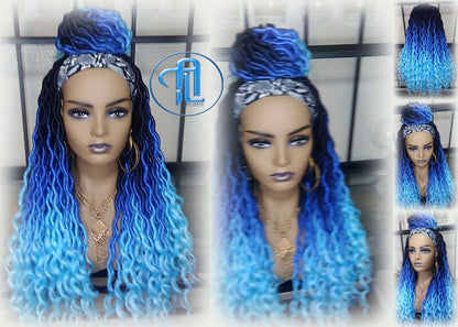 Headband wig Dreadlock Wig Mermaid Blue Ombre gradient Goddess Faux Locs curly long rainbow boho bohemian wig