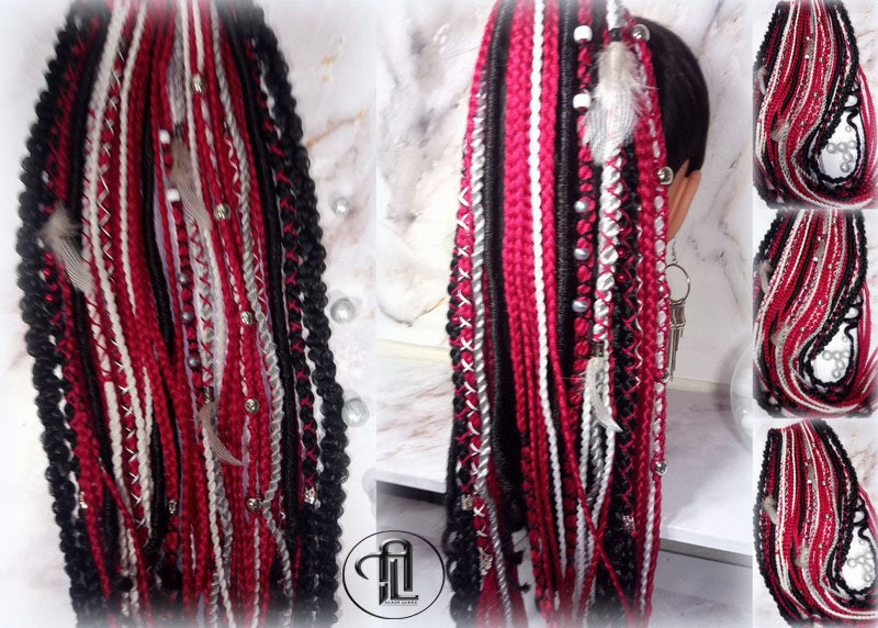 Viking Ponytail Hair Fall Extensions Red Black  Elements Accents Feathers Jungle box braids hair scrunchie Butterfly