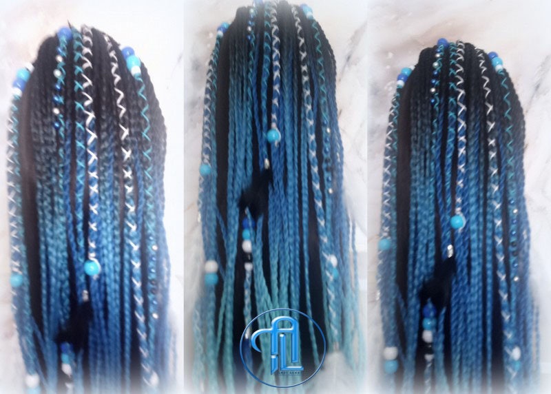 Black Blue Ombre Braids Extension on Hairband Hair Tie Synthetic Dreads Ponytail Boho Hair Falls RenaissanceAccents Feathers synthetic
