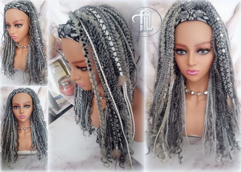 Headband Wig Silver Grey 44 51 Braids Dreads Mix Set Twist Soft Crochet Boho Dread Braid Set Bohemian extensions