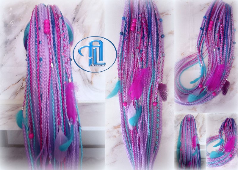 Ponytail Hair Fall Extensions Purple Pink Blue Elements Accents Feathers synthetic box braids hair scrunchie clip in Clip on Braids