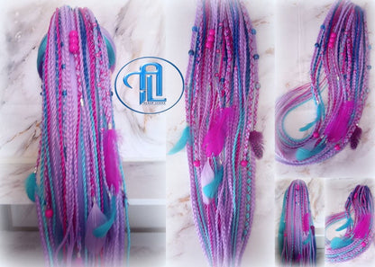 Ponytail Hair Fall Extensions Purple Pink Blue Elements Accents Feathers synthetic box braids hair scrunchie clip in Clip on Braids