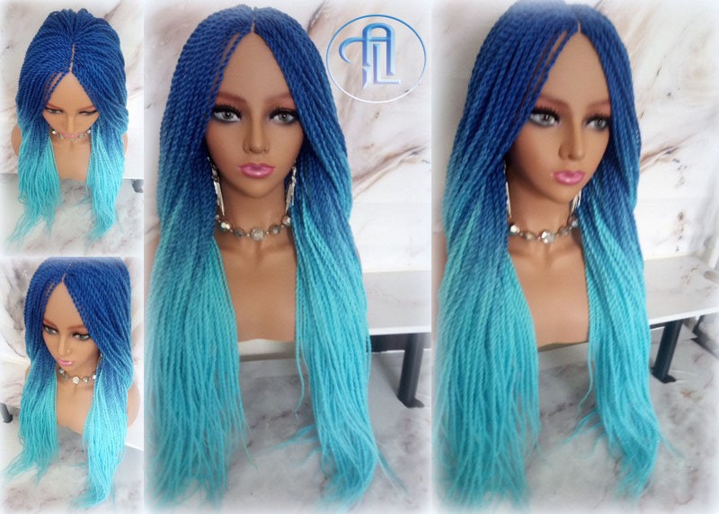 Blue Ombre Senegalese Twist Braid Wig Small Long Gradient Unicorn Mermaid Wig Sale Alopecia Braids Light Royal Indigo Blue  Ready to Ship