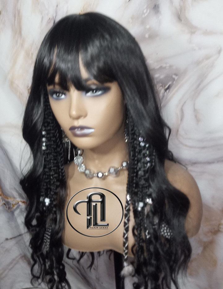 Black Full Wig Dread Braid Bangs Twist Soft Crochet Boho Synthetic Dread Braid Bohemian Black Long Wavy Curly Textured Dreads Silver Decor