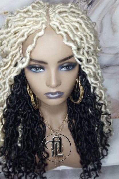 Blonde 613  Black 2 Tone Goddess Faux Locs 14in Short Braid Wig Platinum White Blonde River Locs Wig Gypsy Bohemian Boho Simple Lace Part