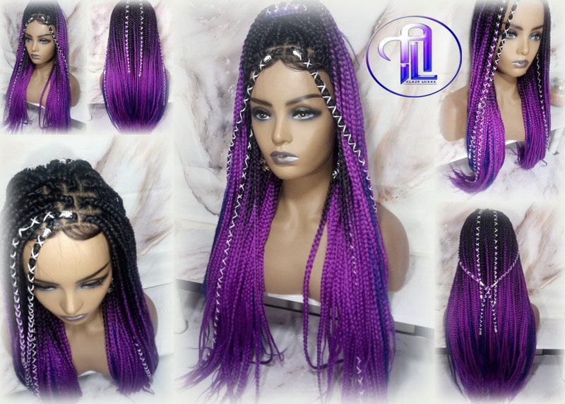 Box Braids Ombre Black Purple Blue Mermaid Gradient Braid Wig 24 Inch Long Synthetic Braiding Hair Extension