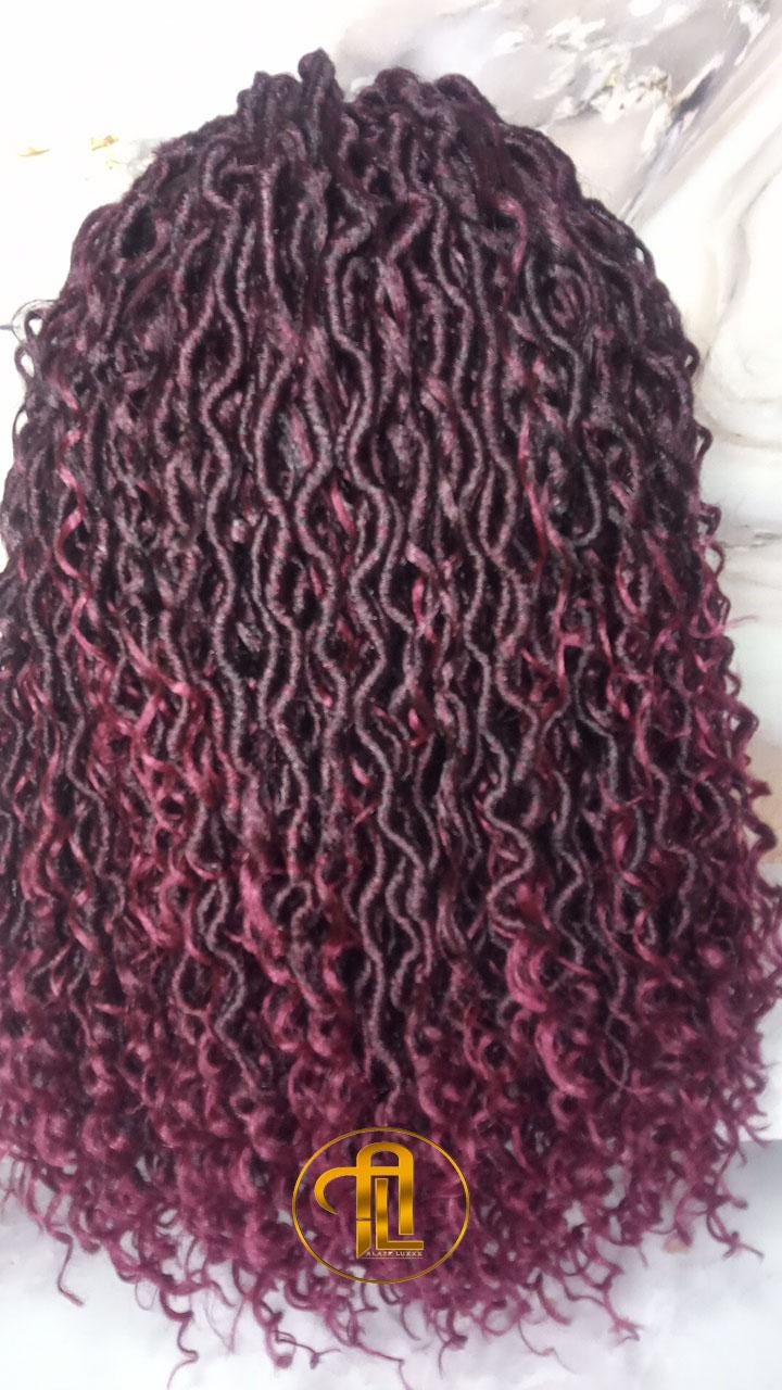 Headband Wig Mix Burgundy Black Ombre River Boho Loc Wig Goddess Faux Locs Gypsy Bohemian Curly Waterfall Hair Curly Ends