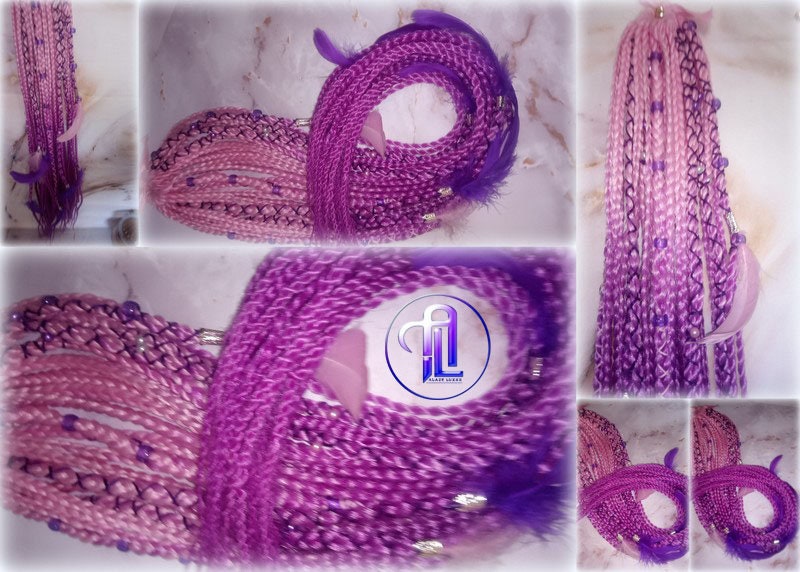 Ponytail Hair Fall Extensions Pink Ombre Purple Elements Accents Feathers synthetic box braids hair scrunchie clip in Clip on Braids