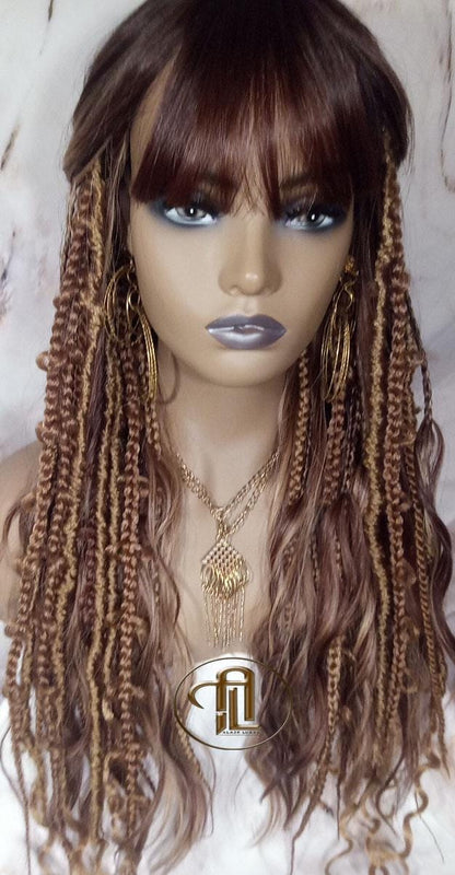 Full Wig Dread Braid Bangs Twist Soft Crochet Boho Synthetic Dread Braid Bohemian Dark Root Ombre Brown Blonde Long Wavy Curly Balayage Wig
