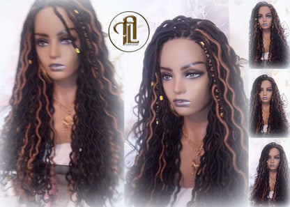 Bohemian Goddess Faux Loc Wig 4x4 Lace Closure No Baby Hairs Dread Wig Wavy Black Dreads Honey Blonde 27 Synthetic Nu Goth Marley Dred Lock