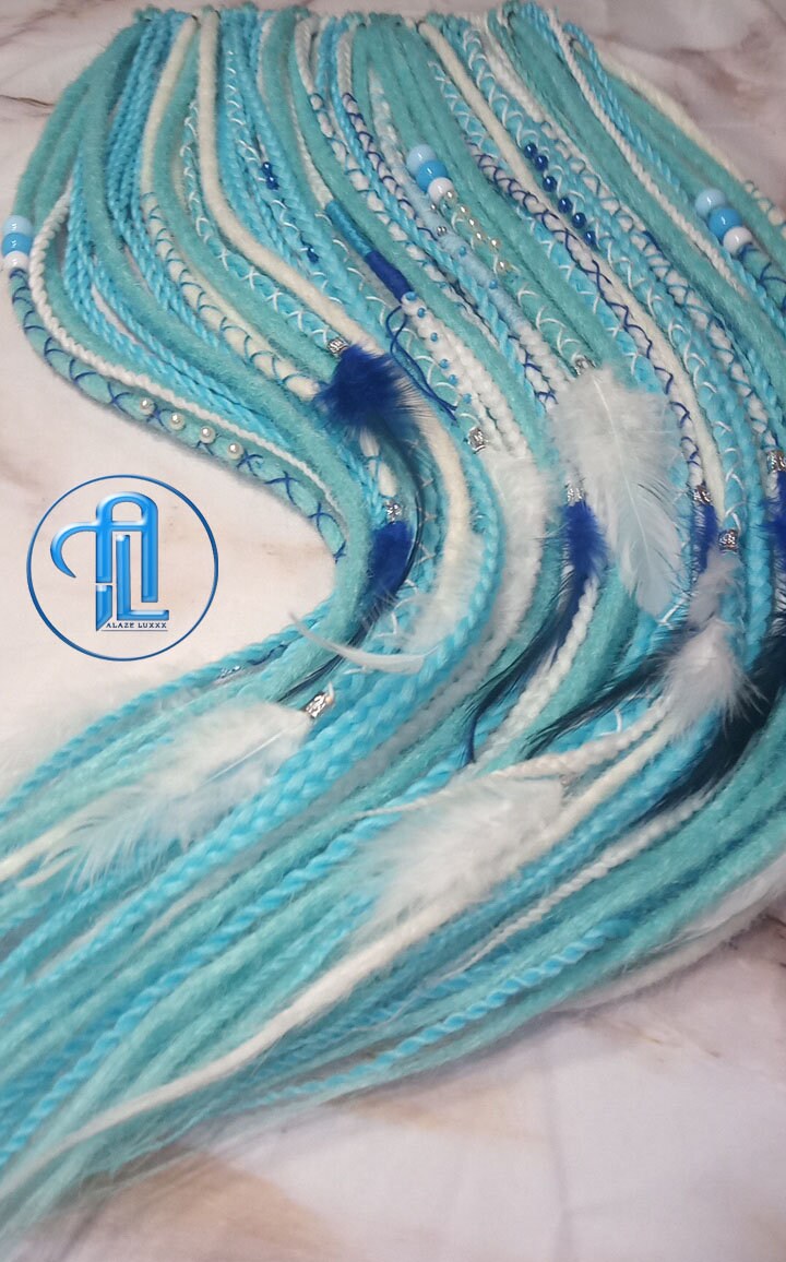 Blue White SE Synthetic Crochet Straight Dreads Braids synthetic soft and light Braid in Clip in hair extension Fake Faux Dreads Partial Set