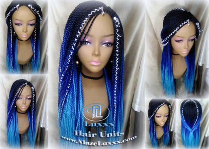Senegalese Twist Blue Ombre  Braid Wig Unicorn Mermaid Small Long Micro Braids Royal Baby Sky Blue  Wig Sale Alopecia Blue Braids