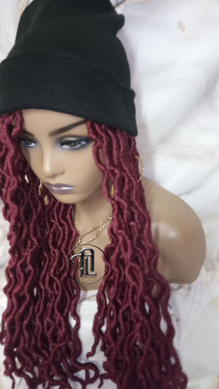 Beanie Hat Burgundy wavy faux locs Boho Style Long Hat Beanie Braided Hat Winter fall fashion Cap Wig Hat Chemo Hat Alopecia