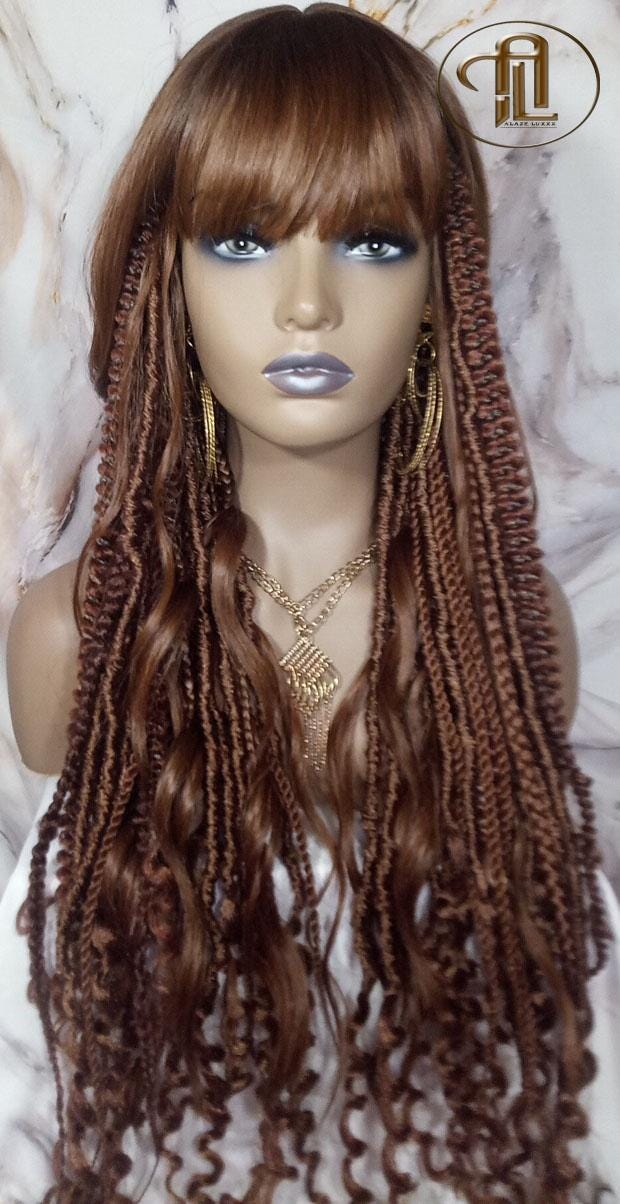Full Wig Dread Braid Bangs Twist Soft Crochet Boho Synthetic Dread Braid Bohemian Dark Root Ombre Brown  Long Wavy Curly Textured Dreads