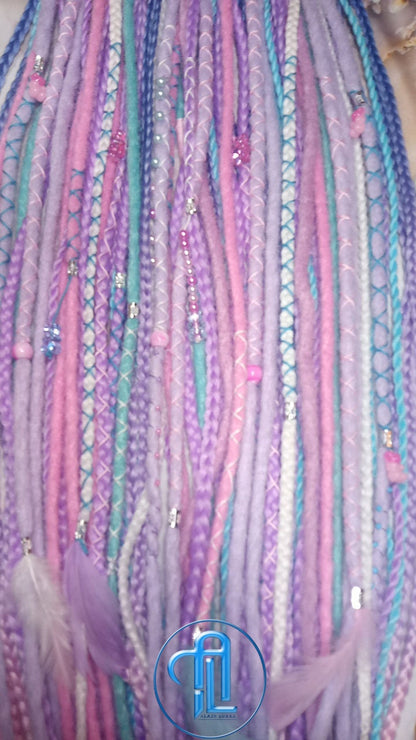 Purple Unicorn Cotton Candy Single Ended SE Set Crochet Boho Dread Braid Extensions Kawaii Festival Hair Teddy Bear Charms Hair Pink Blue