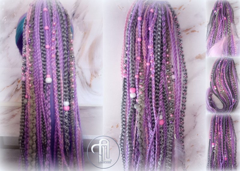 Ponytail Hair Fall Extensions Purple Pink Grey Elements Accents Feathers synthetic box braids hair scrunchie clip in Clip on Braids