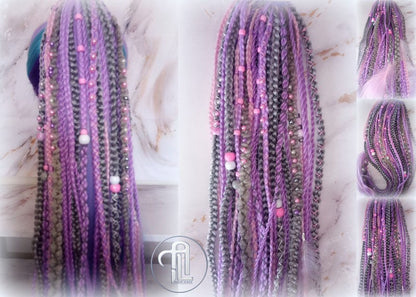 Ponytail Hair Fall Extensions Purple Pink Grey Elements Accents Feathers synthetic box braids hair scrunchie clip in Clip on Braids