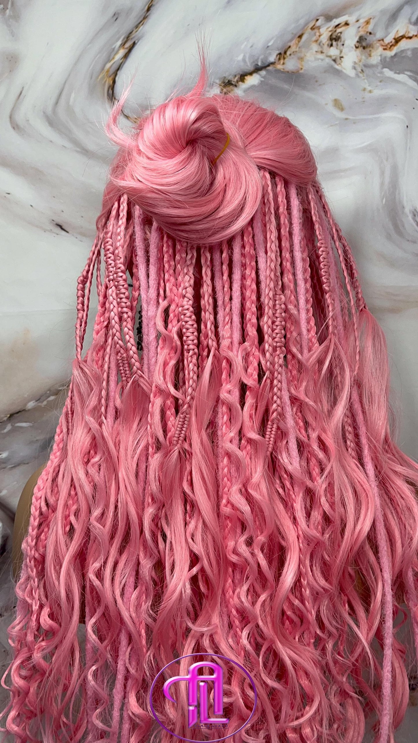 Pink Dread Braid Wig With Bangs – Long Synthetic Boho Glam Wig Chain Snake Goddess Loc Braid Wavy Curly