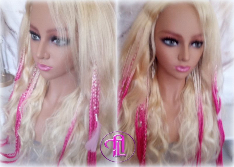 Blonde Pink Ombre Clip in Braid Long 24 in Boho Extensions Pink Ombre Blonde Pink Box braiding hair Rave Festival Elements Feathers