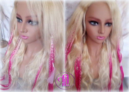 Blonde Pink Ombre Clip in Braid Long 24 in Boho Extensions Pink Ombre Blonde Pink Box braiding hair Rave Festival Elements Feathers