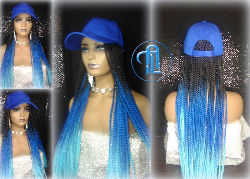 Box Braid Hat Blue Ombre Wig  Gym Hat Baseball Cap  Braided Hat Wig Women’s Hair Summer Hat Winter Hat Hair Cap Wig Hat Chemo Hat Alopecia