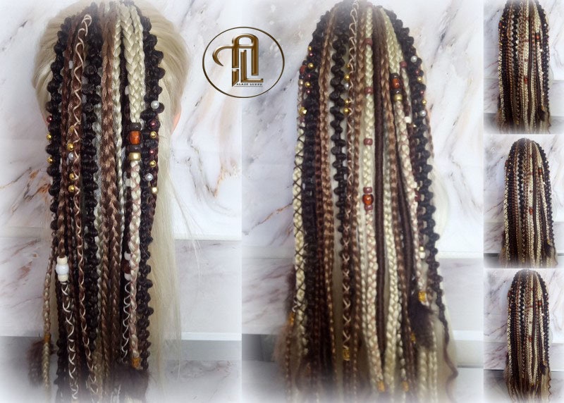Braid Dread Ponytail Brown Blonde Hair Fall Viking Renaissance Extensions Feathers synthetic box braids hair scrunchie clipin bumpy lumpy