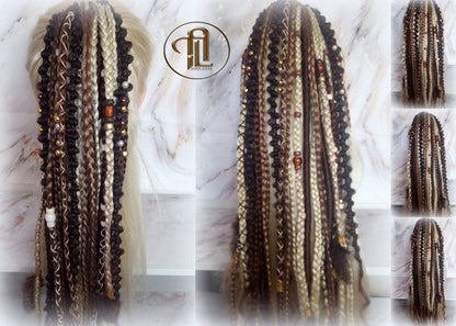 Braid Dread Ponytail Brown Blonde Hair Fall Viking Renaissance Extensions Feathers synthetic box braids hair scrunchie clipin bumpy lumpy