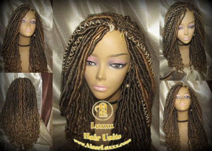 Brown Blonde Goddess Faux Loc Wig Wavy Blonde Tips Ends 27  Hair Gypsy Bohemian Boho Gypsy Distressed Dread DE SE Dred Lock Braided Wigs