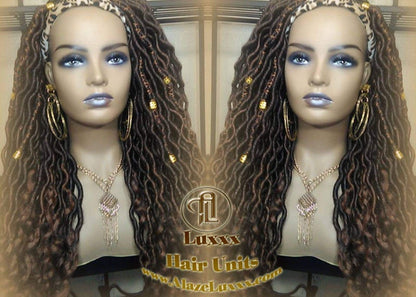 Headband Wig Black Brown Goddess Faux Loc Wig Long Wavy Brown Tips Ends 30 Hair Bohemian Boho Gypsy Dread DE SE Dred Lock Braided Wigs