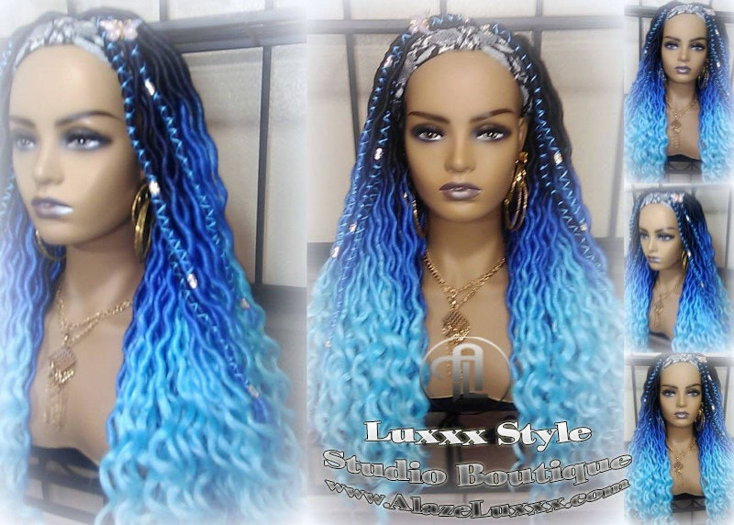 Headband Wig Blue Ombre Gradient Goddess Faux Locs Dreadlock Wig Mermaid curly long winter summer braids wig Blue Rainbow Wig Drag Queen Wig