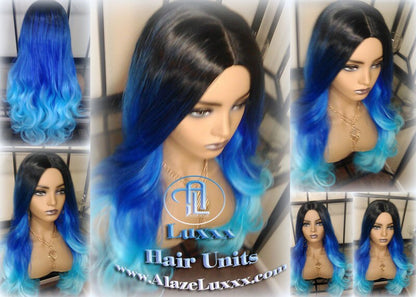 Blue Ombre Gradient Human Hair Wig Weave Extensions Mermaid long rainbow weave weft tracks bohemian Goddess