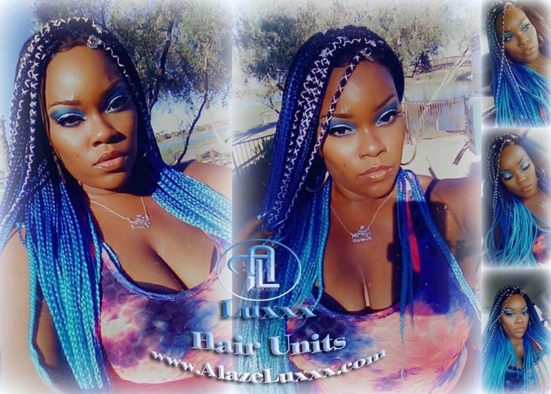Ombre Blue Mermaid Hair Box Braids Wig  Blue Ombre Straight long wig Small Medium royal sky baby blue  Cosplay Wig Carnival Festival Hair