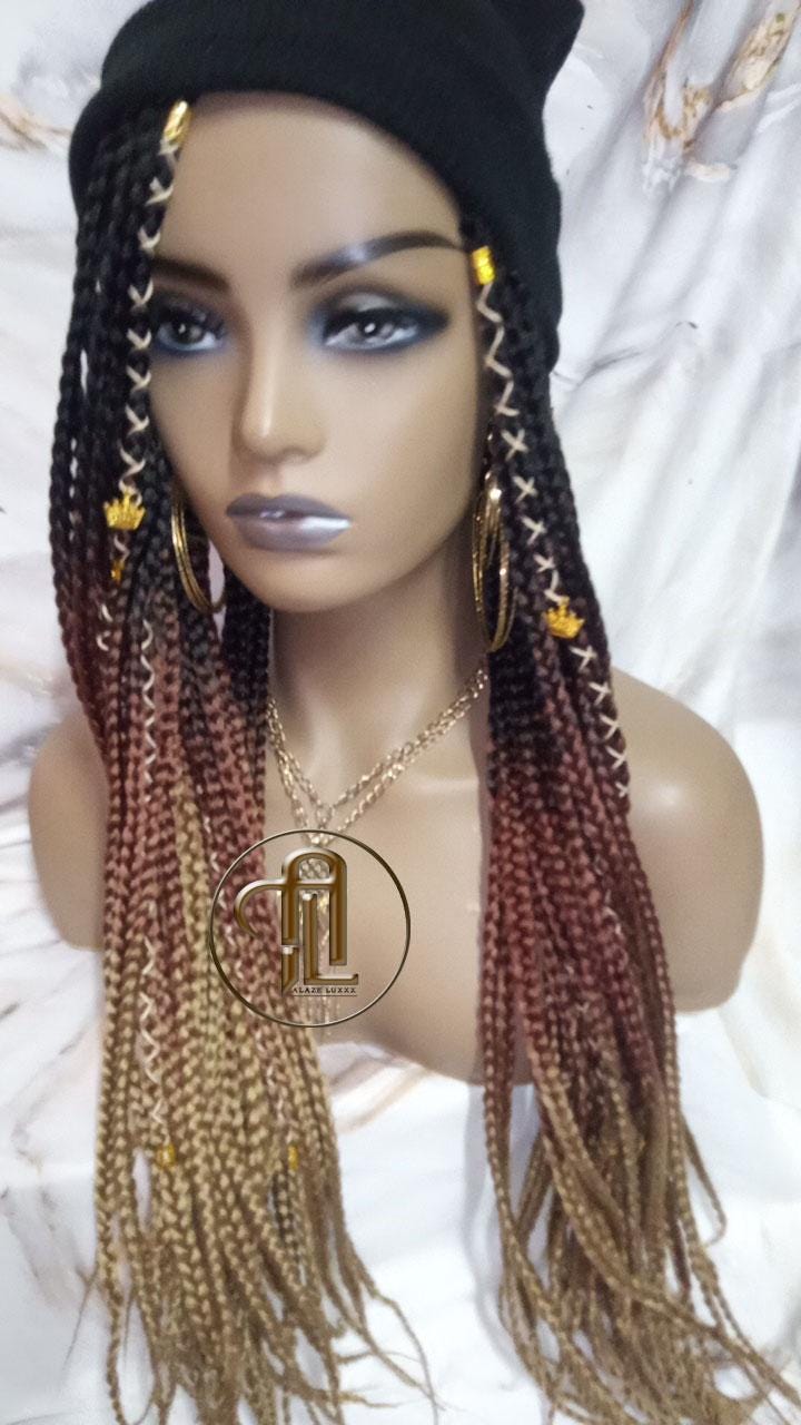 Beanie Hat Black Brown Blonde Ombre Box Braid Boho Style Long Hat Beanie Braided Hat Winter fall fashion Cap Wig Hat Chemo Hat Alopecia