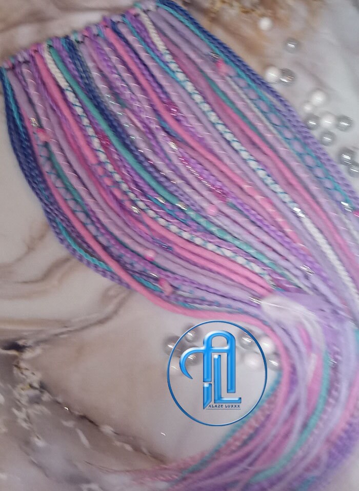 Purple Unicorn Cotton Candy Single Ended SE Set Crochet Boho Dread Braid Extensions Kawaii Festival Hair Teddy Bear Charms Hair Pink Blue