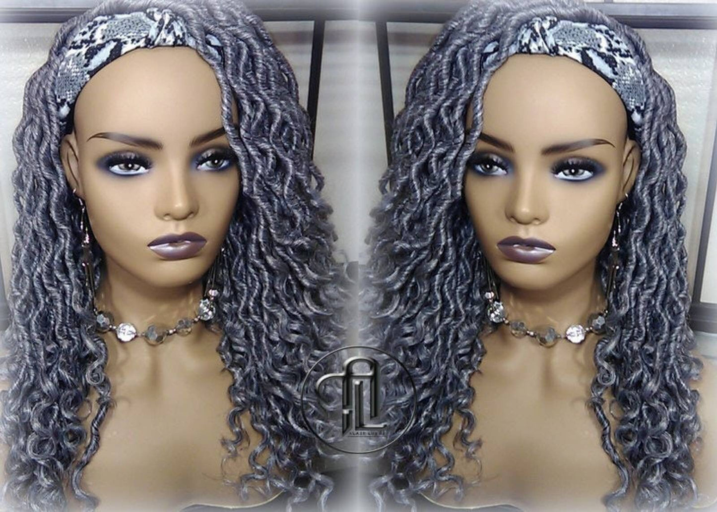 Headband Wig Short 14in Goddess Faux Dread Locs Salt N Pepper 44 51 Gypsy Boho Silver Grey Gray Platinum Storm Wig Unit Wavy READY TO SHIP
