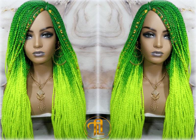 Ombre Senegalese Green Florescent Gradient Chartreuse Slime Green Twist Braid Wig Small Long Unicorn Braids Neon Festival EDC